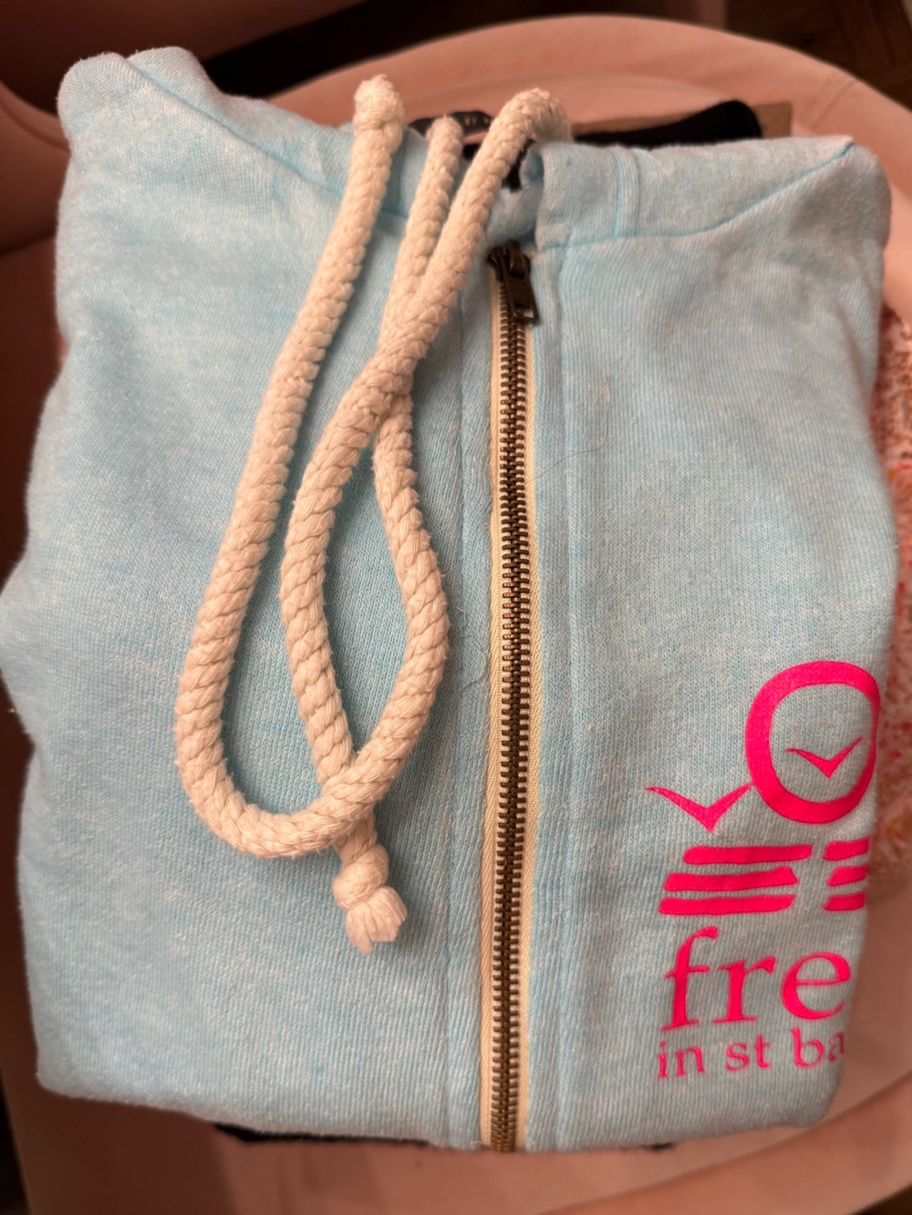 Free In St Barth Turquoise Terry Cloth Zip Hoodie Pink Logo - Picture 8 of 8